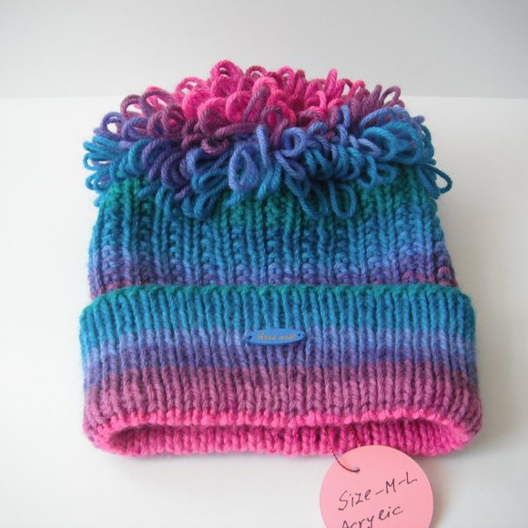 Hand Knitted Hat Toque Adult Size - L-M  Acrylic Pink/Blue-026B Hand knit by me - Picture 6 of 8